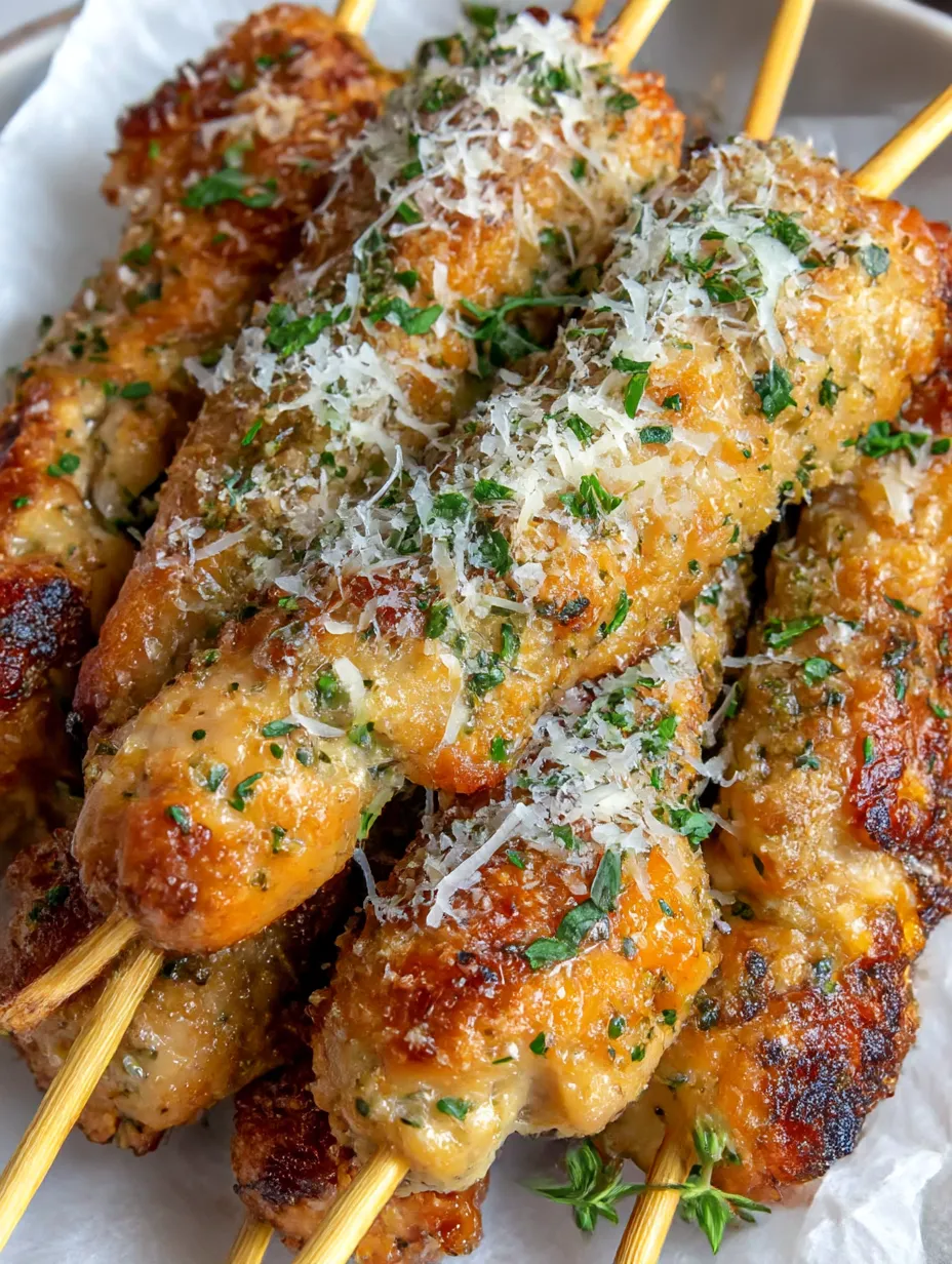Skewers of chicken with garlic and Parmesan cheese.