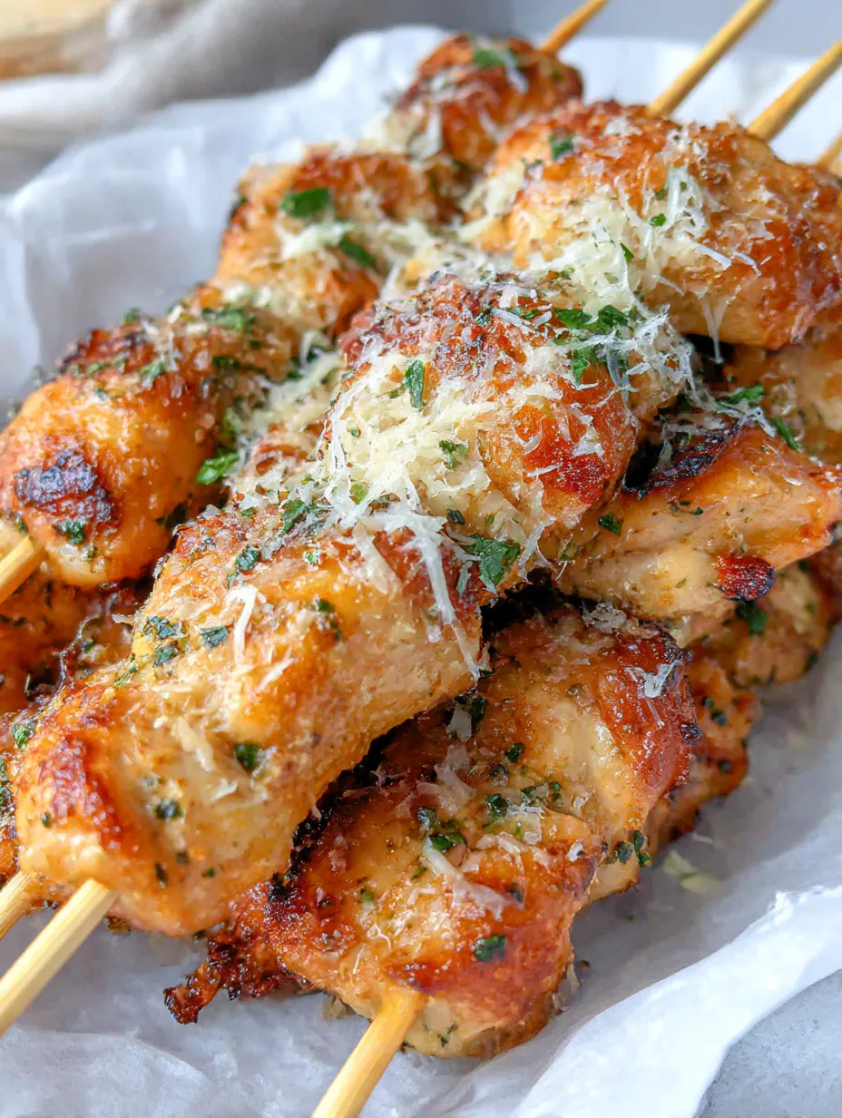 Chicken skewers with garlic and Parmesan cheese.