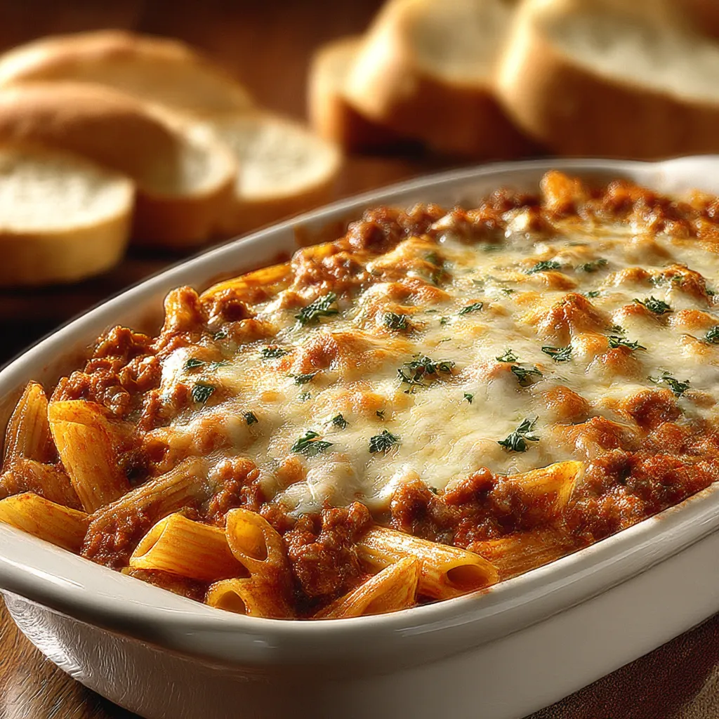 A bowl of pasta with cheese and meat.