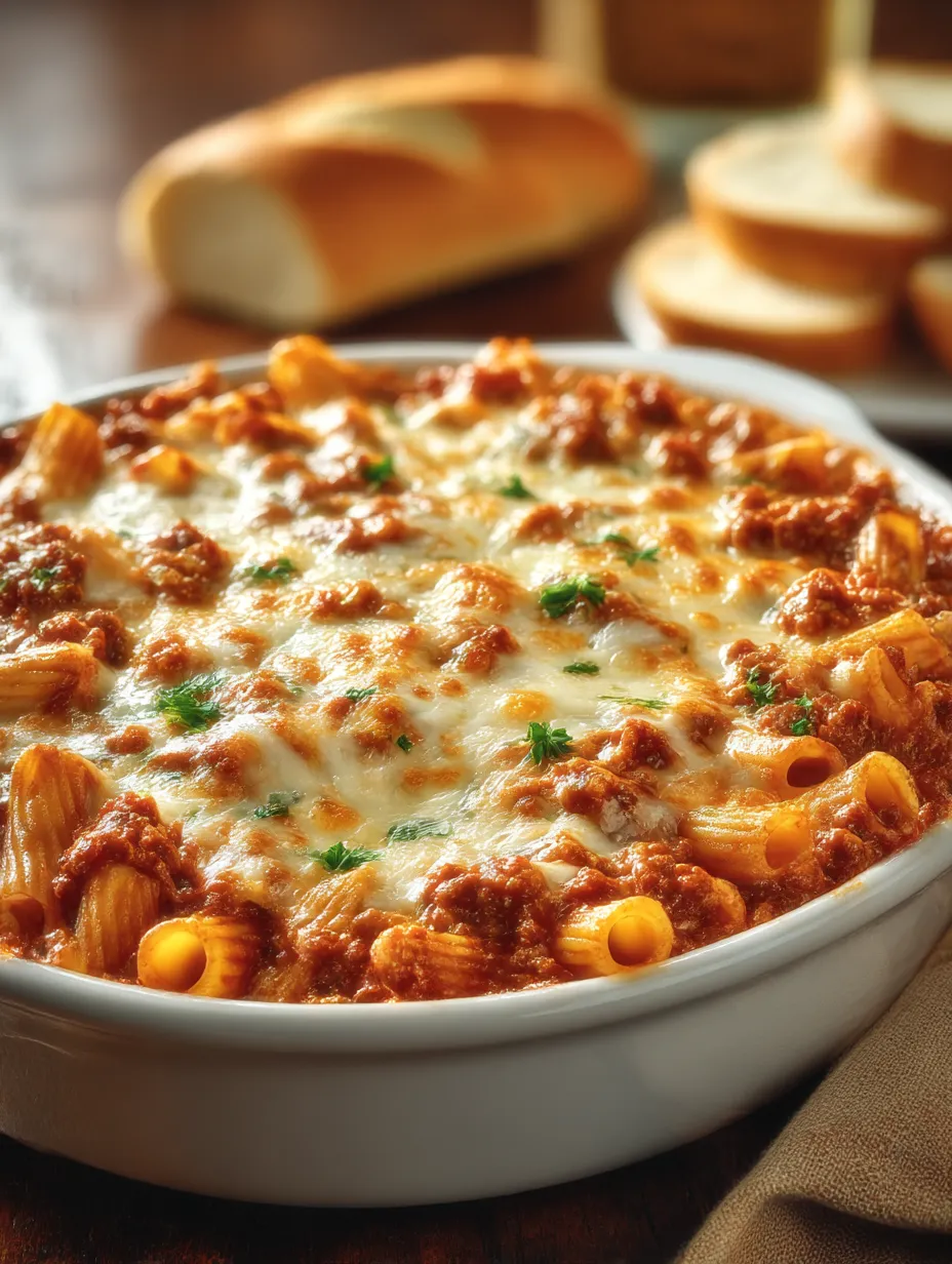 A bowl of ziti with cheese and bread.
