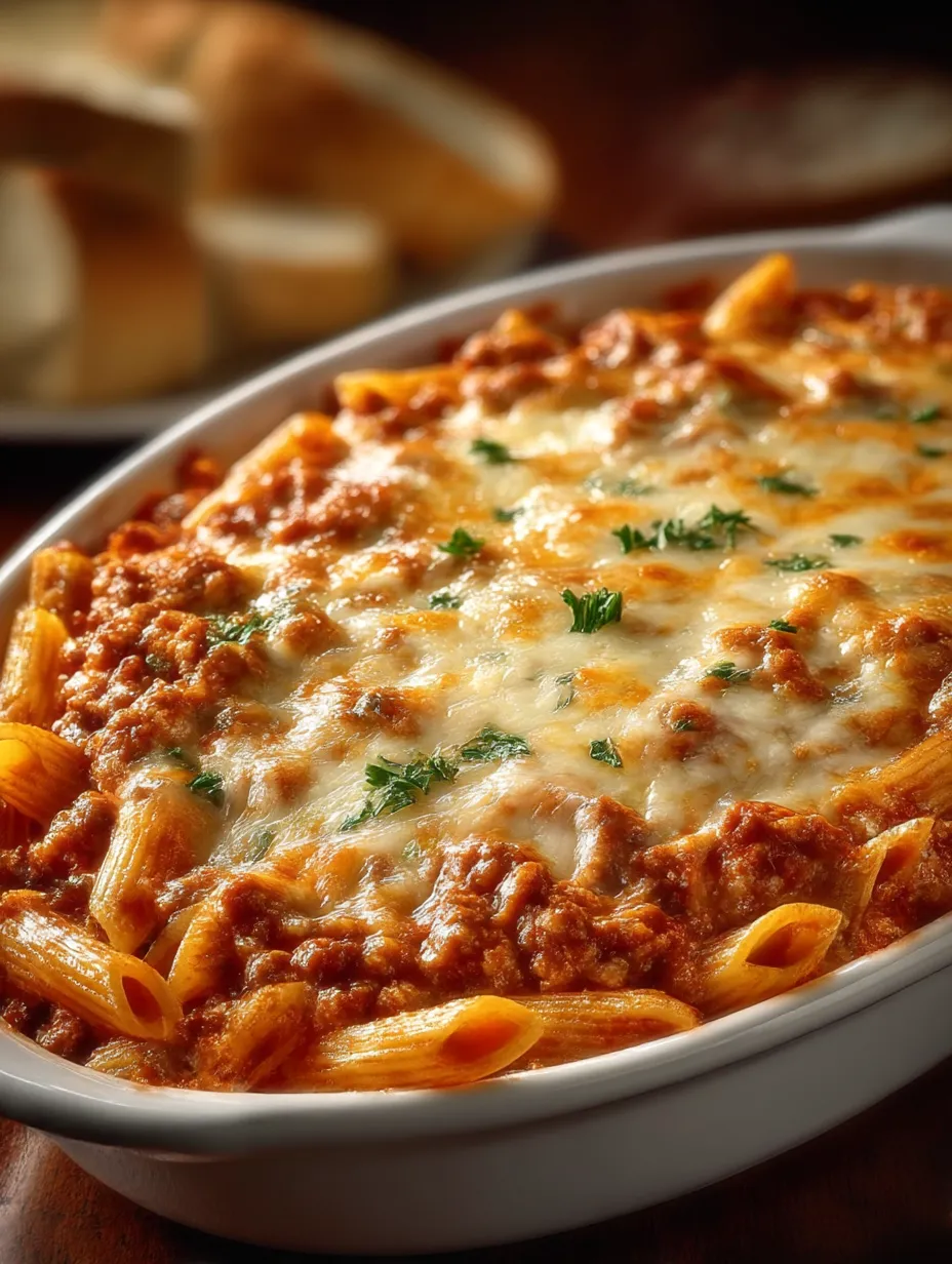 A dish of pasta with cheese and meat.