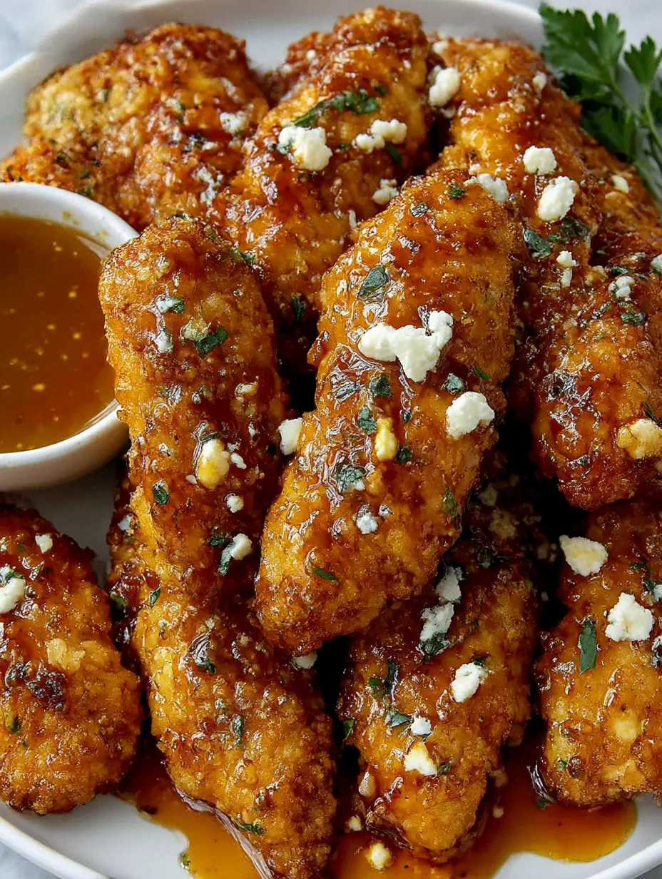 A plate of fried chicken with feta cheese and honey.