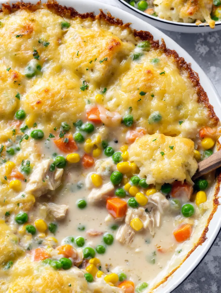 A casserole with chicken, peas, and corn.
