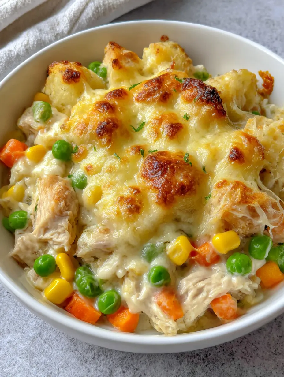 A bowl of food with chicken, peas, and corn.