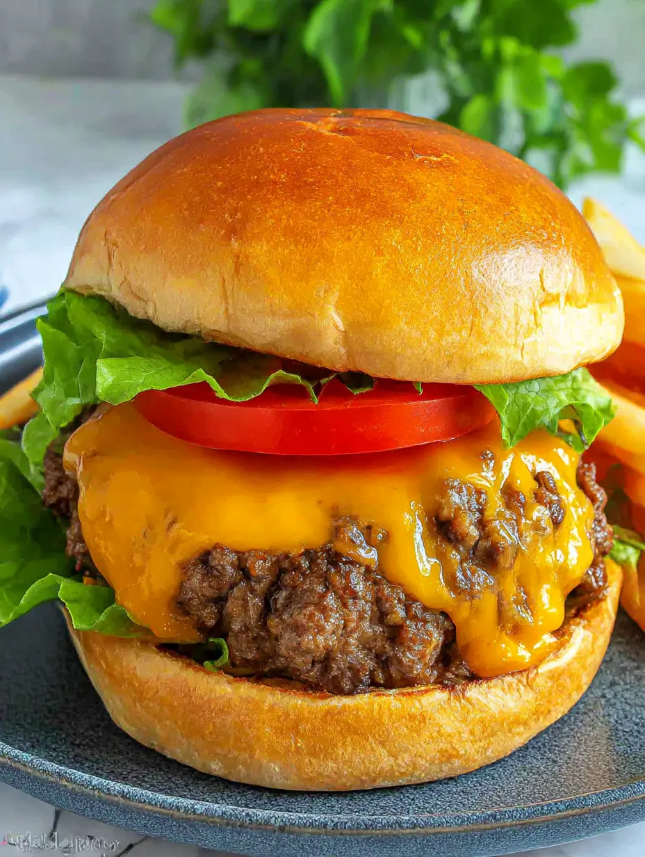 A cheeseburger with lettuce and tomato on a bun.