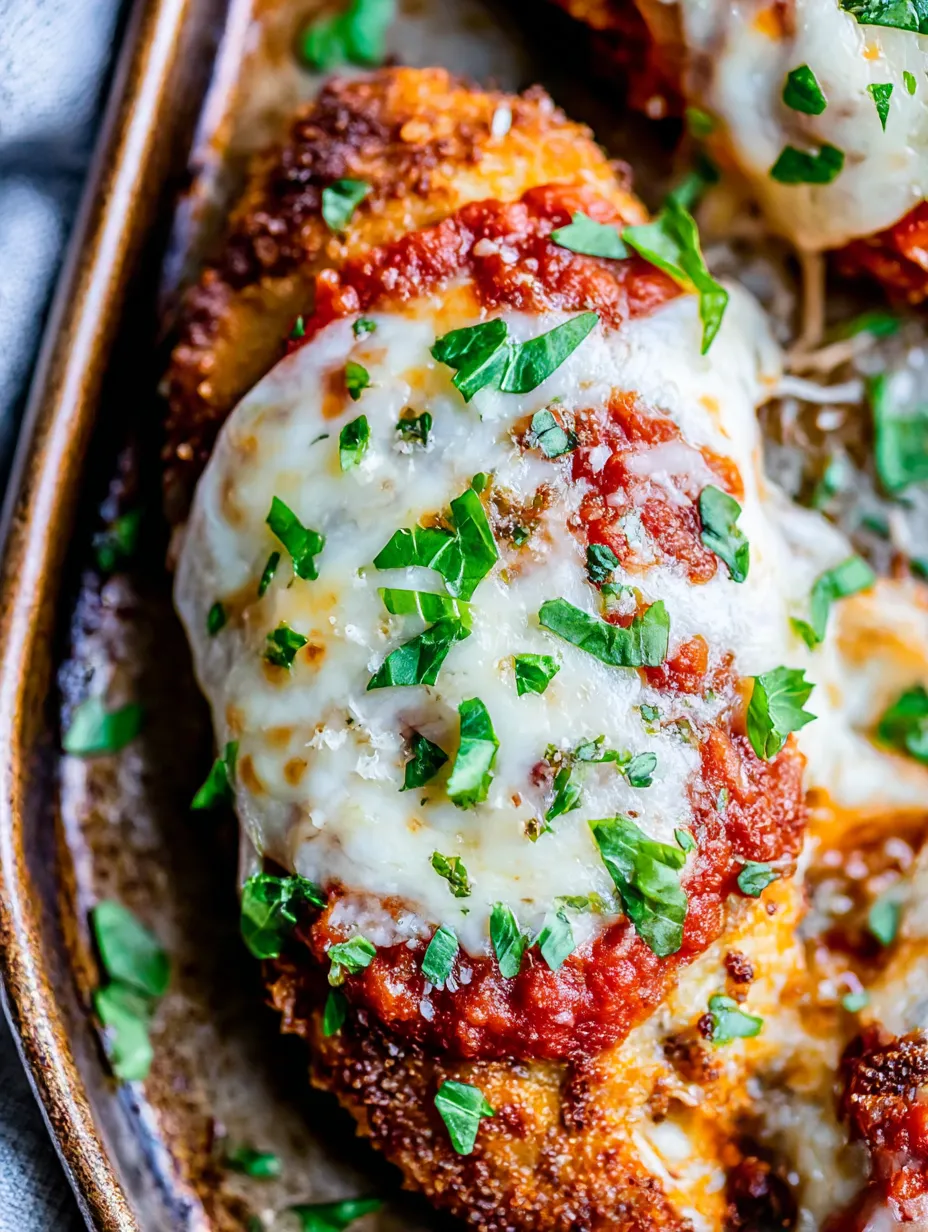 Crispy chicken parmesan with cheese and herbs.