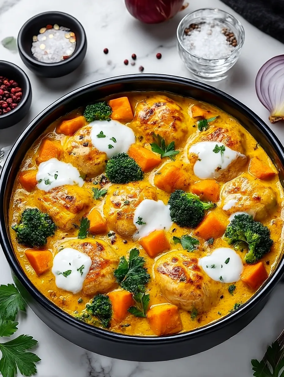 A dish of chicken with broccoli and cheese.