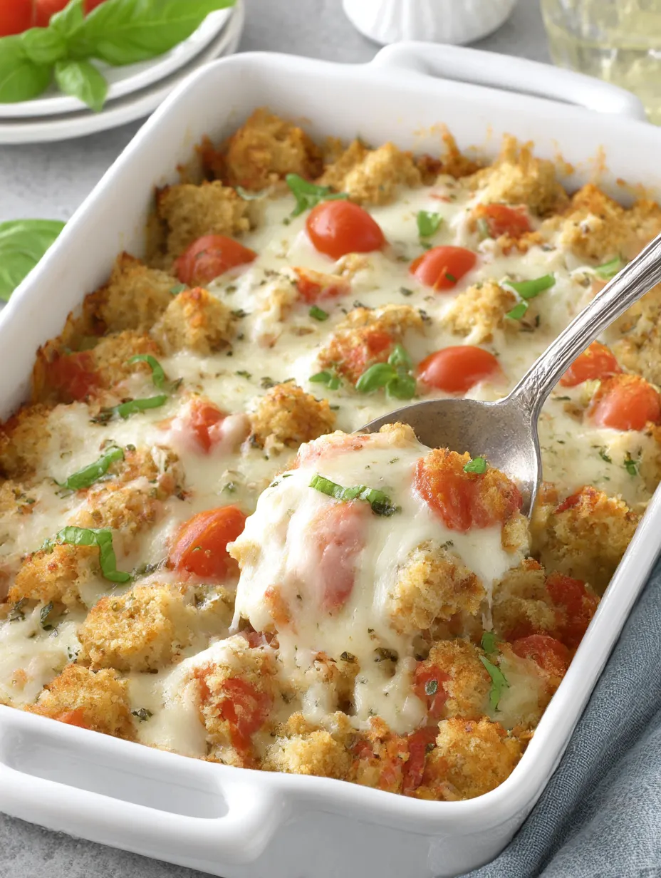 A white bowl filled with a cheesy mozzarella chicken bake.