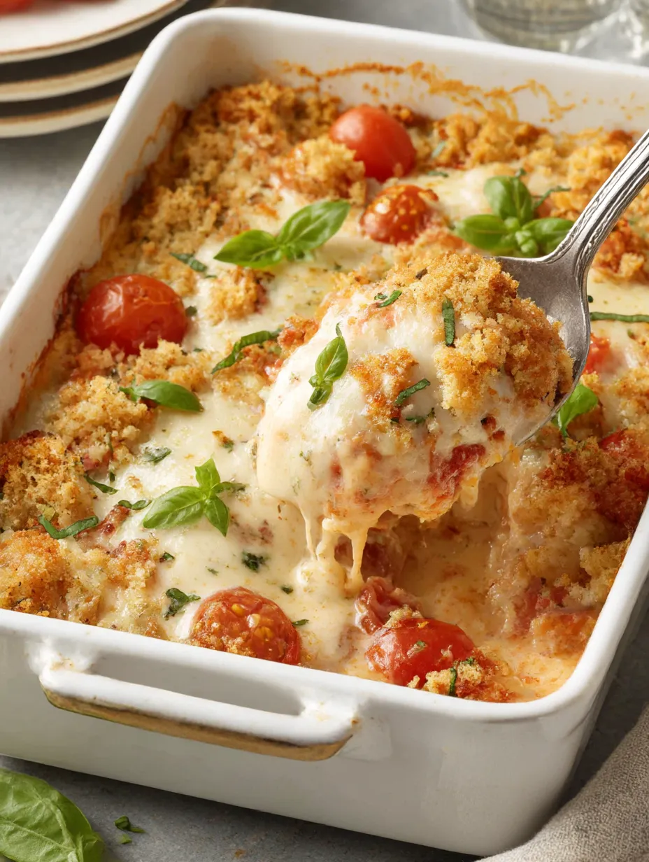 A fork is in a cheesy mozzarella chicken bake.