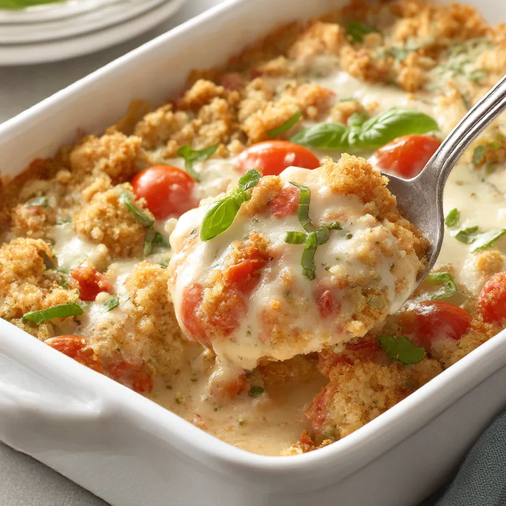 A fork is stuck in a cheesy mozzarella chicken bake.