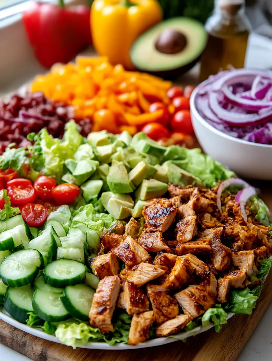 A chopped salad with chicken, onions, and avocado.