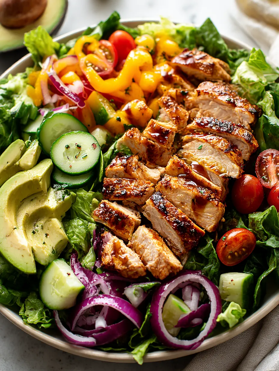 A salad with chicken, tomatoes, and avocado.
