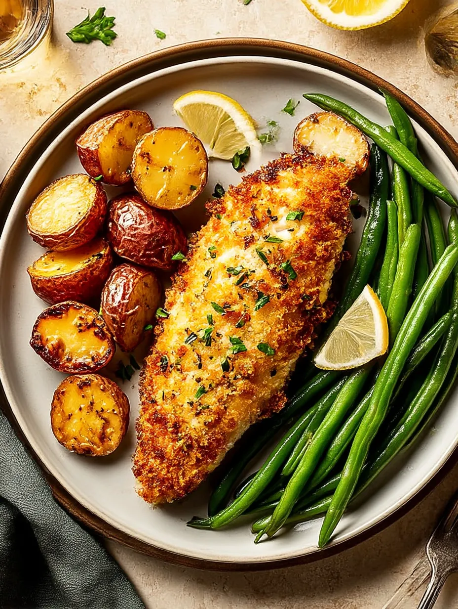 A plate of food with chicken, potatoes, green beans, and lemon wedges.