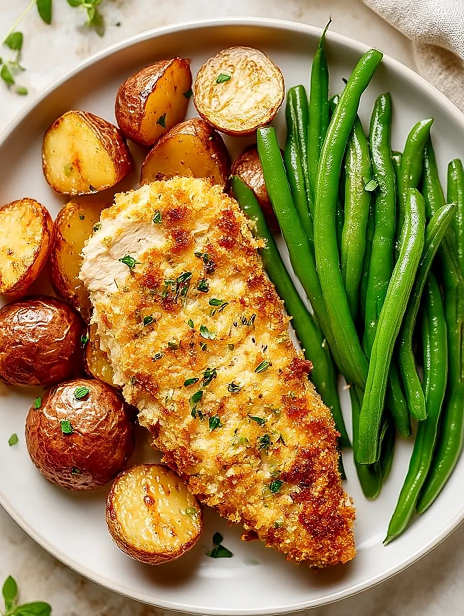 A plate of food with chicken, potatoes, and green beans.