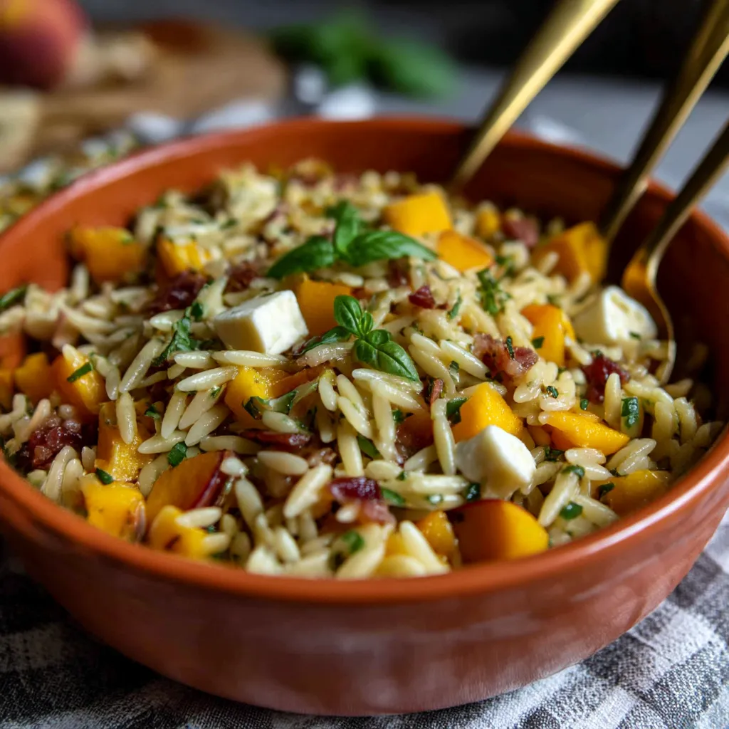 A bowl of Peach Prosciutto Hot Honey Orzo Salad.