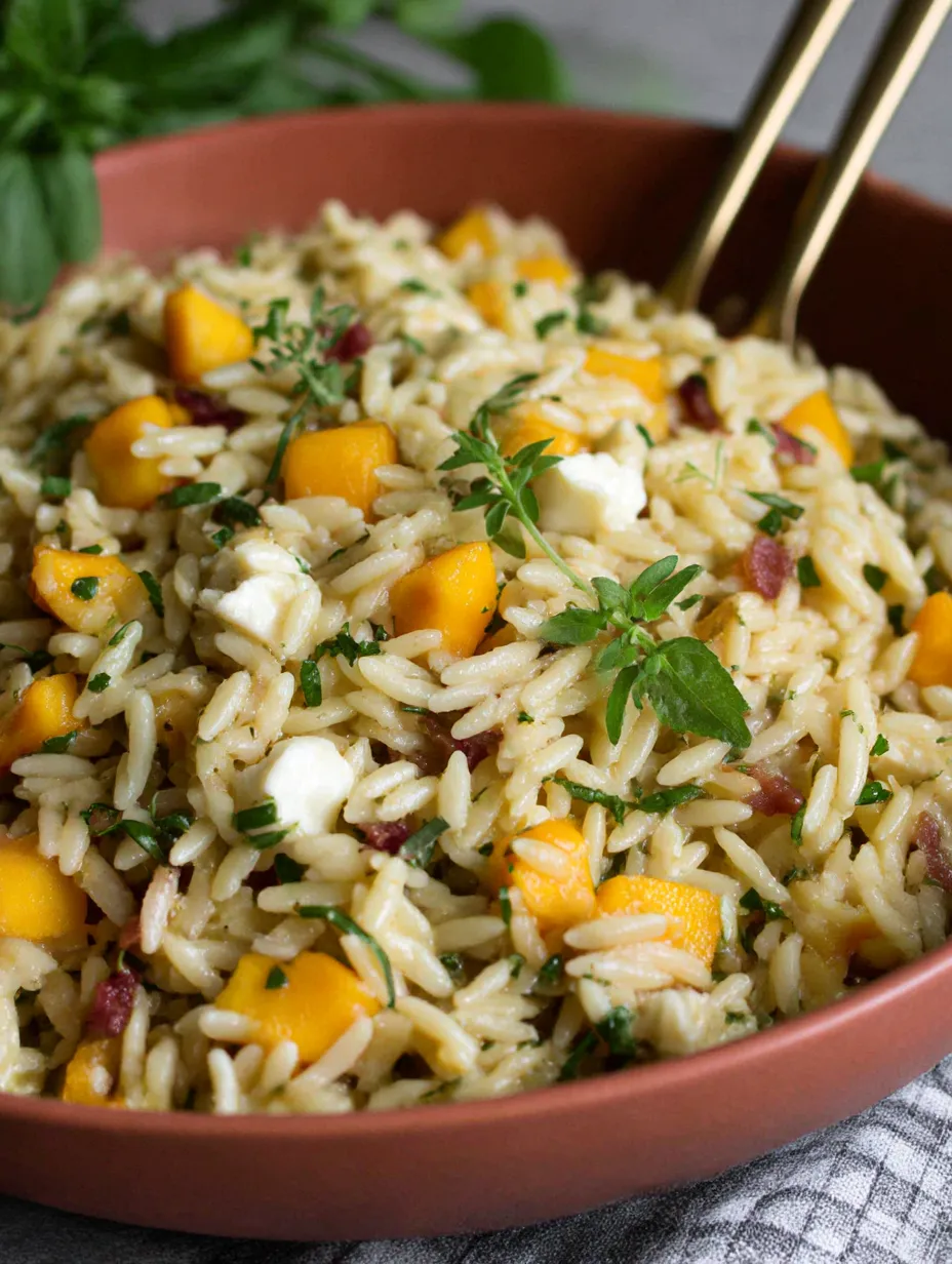 A bowl of rice with peaches, cheese, and bacon.