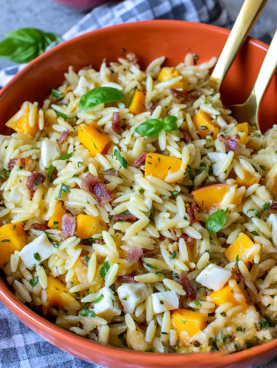 A bowl of pasta with peaches and bacon.