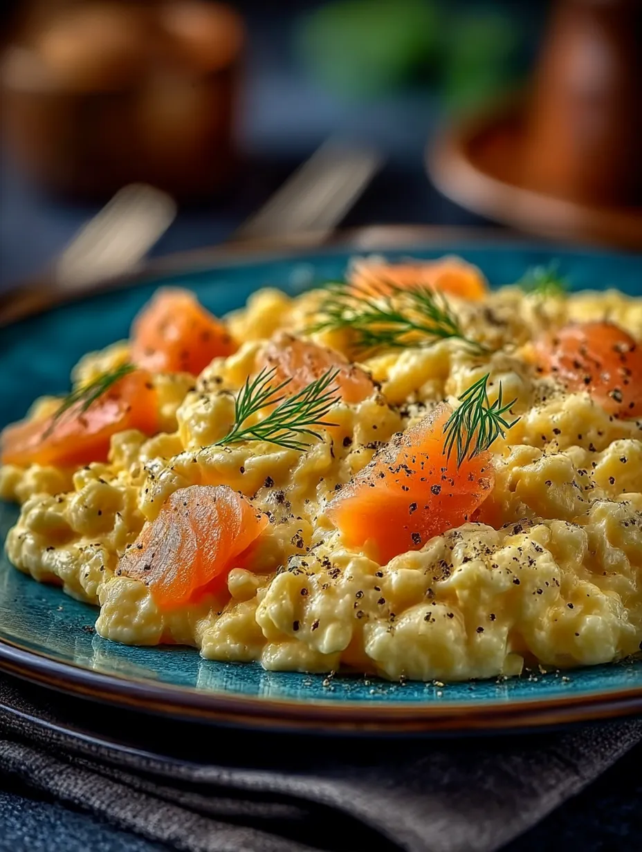 A plate of scrambled eggs with smoked salmon.