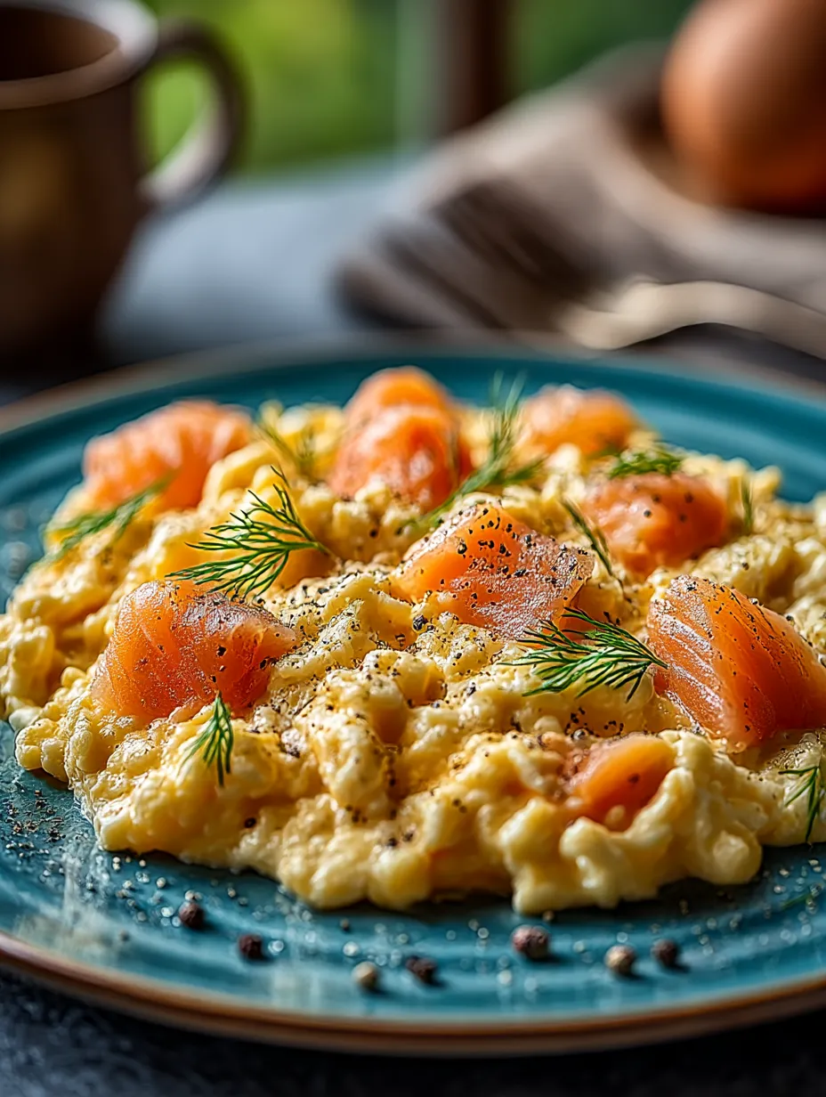A plate of scrambled eggs with smoked salmon on top.