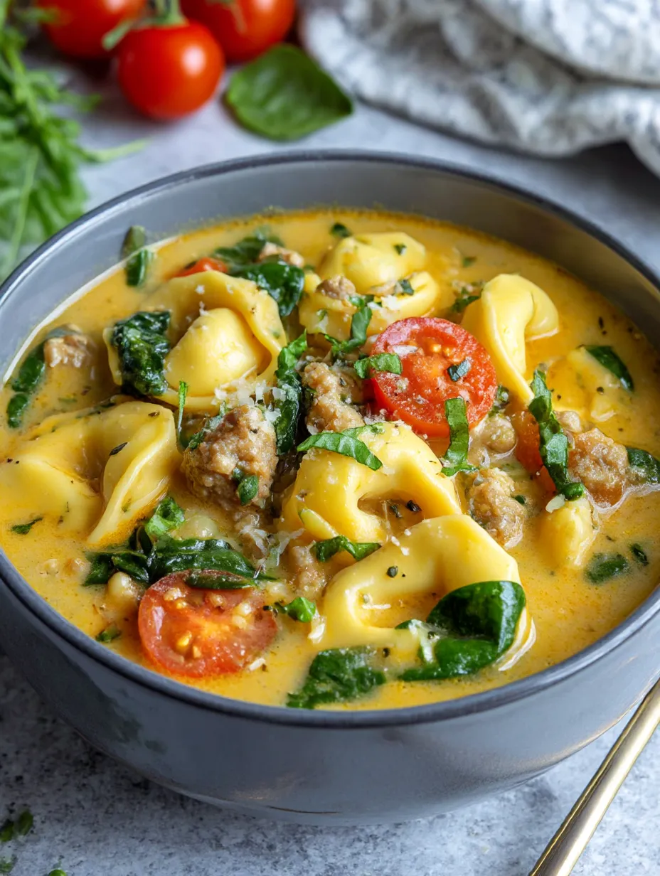 A bowl of creamy sausage tortellini soup.
