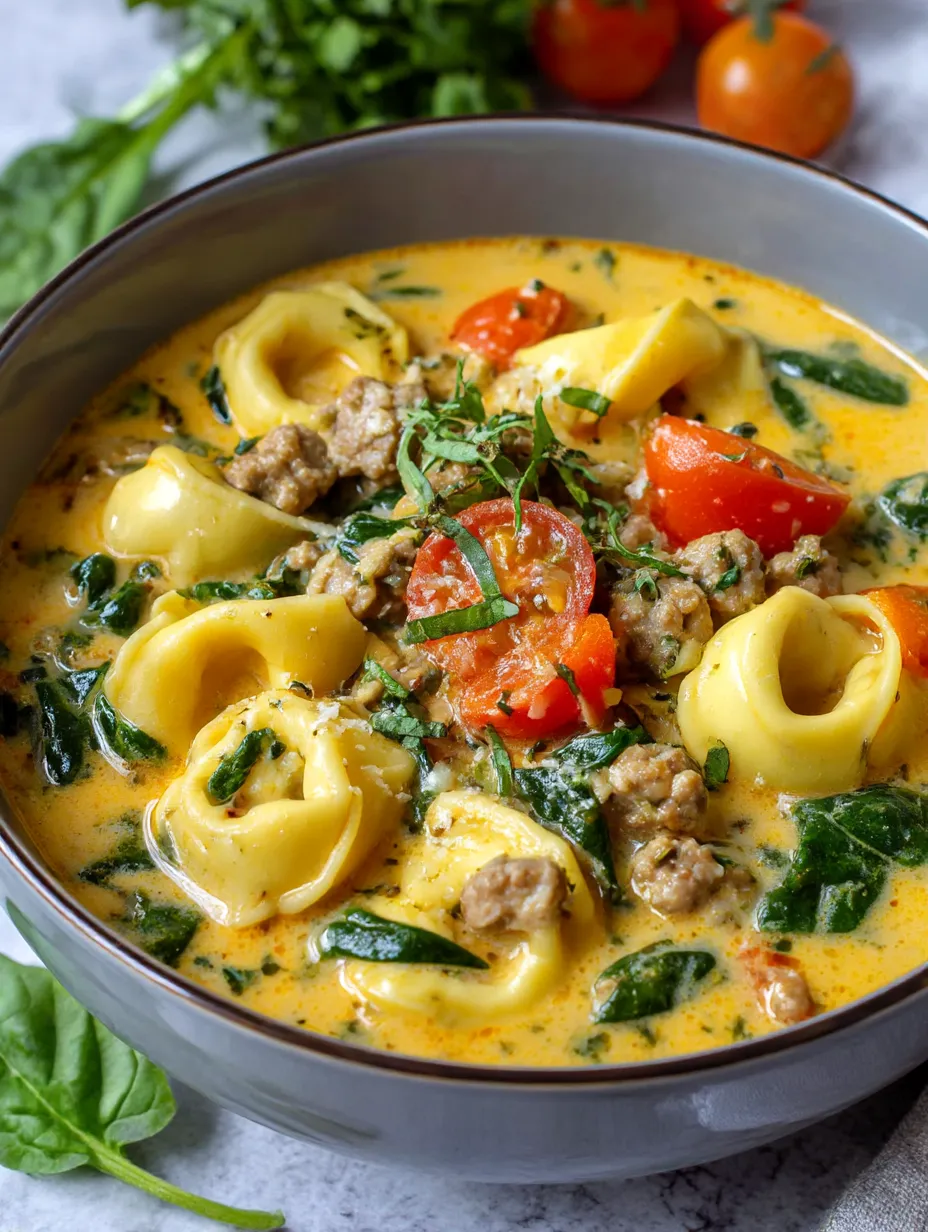 A bowl of creamy sausage tortellini soup.