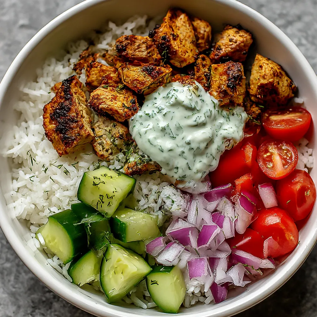 A bowl of food with rice, tomatoes, cucumbers, onions, and chicken.
