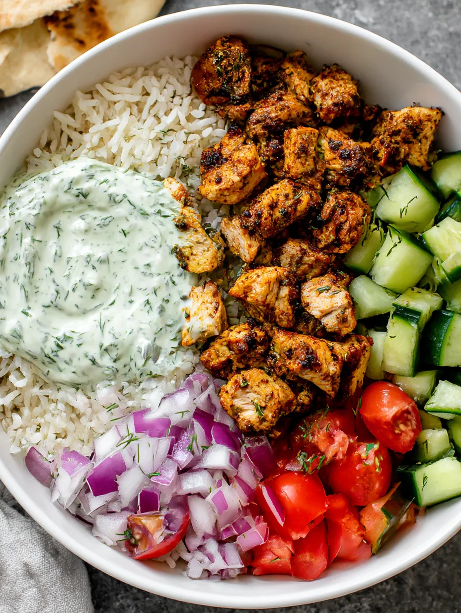 A bowl of food with rice, chicken, tomatoes, onions, and cucumbers.