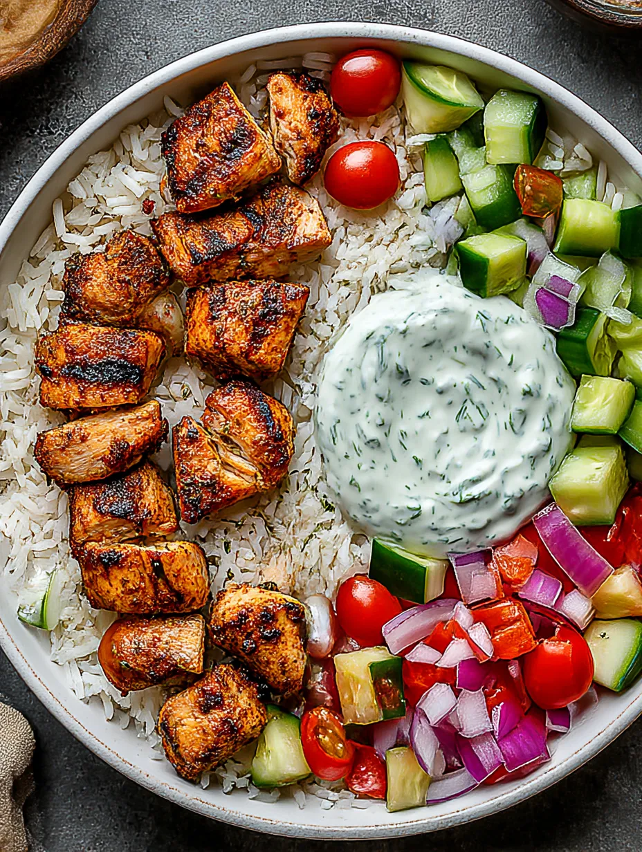 A bowl of food with rice, tomatoes, cucumbers, and chicken.