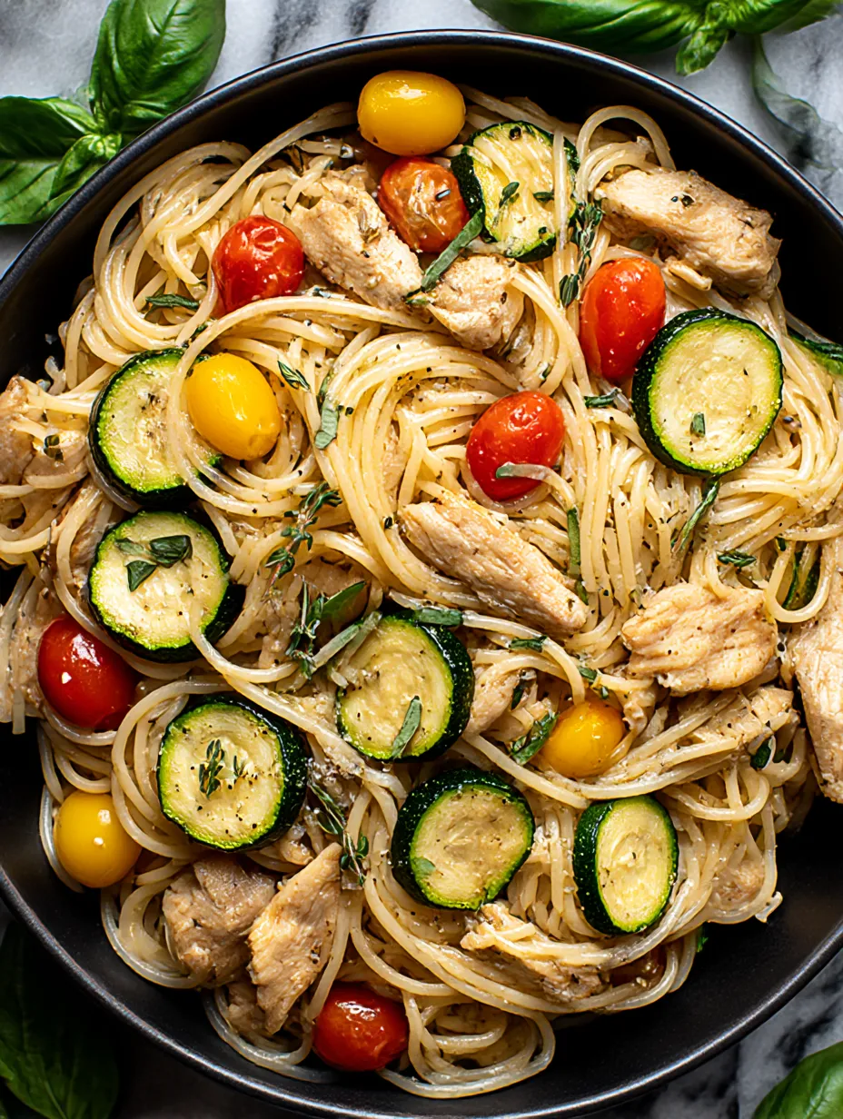 A bowl of chicken, zucchini, and pasta.