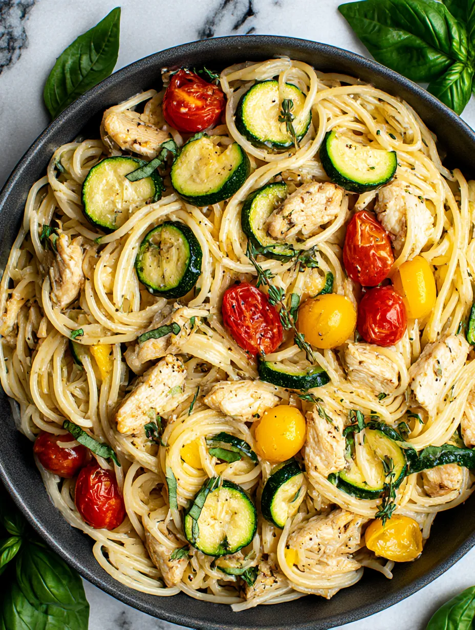 A bowl of chicken, zucchini, and pasta.