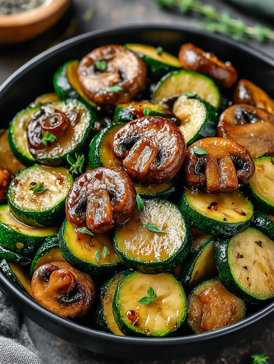 A bowl of stir-fried zucchini and mushrooms.