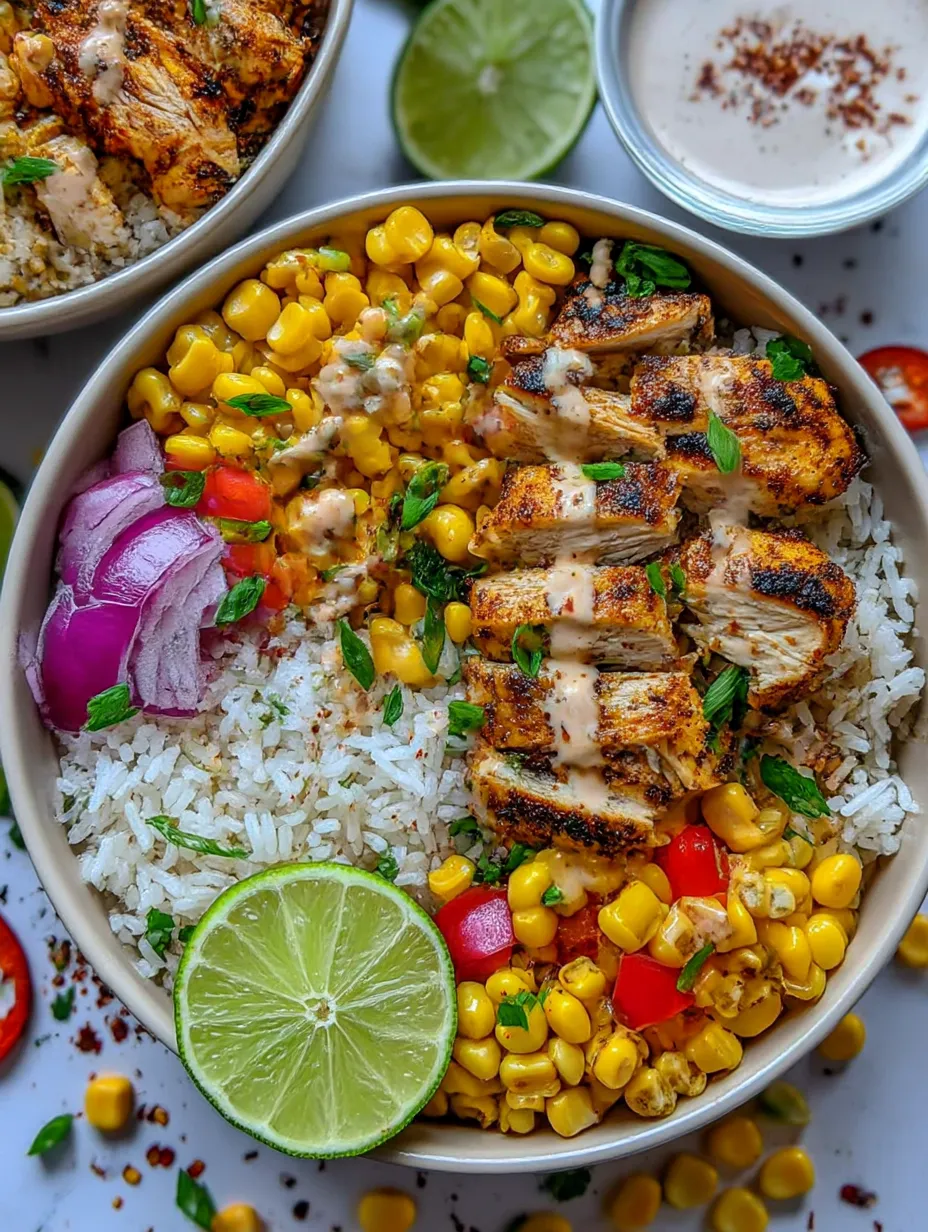 A bowl of rice with chicken and vegetables.