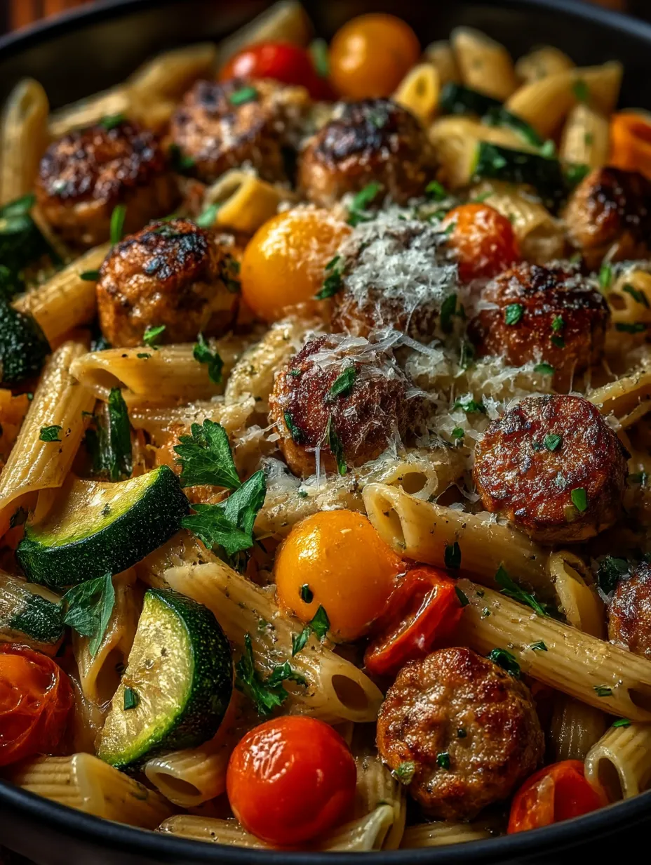 A plate of pasta with meatballs and vegetables.