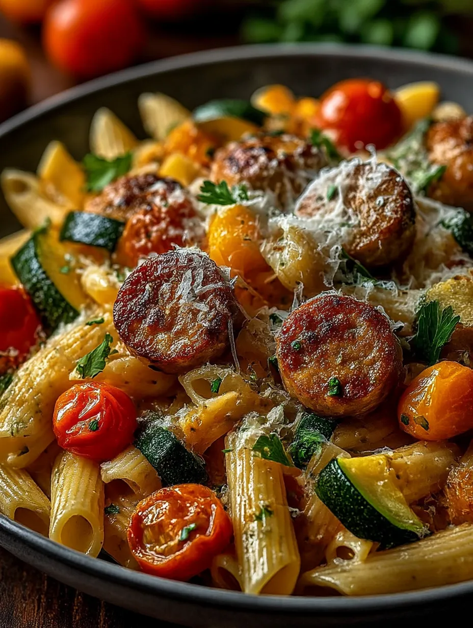 A bowl of pasta with tomatoes, zucchini, and sausage.