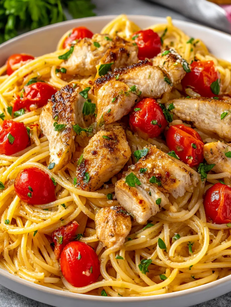A plate of pasta with chicken and tomatoes.