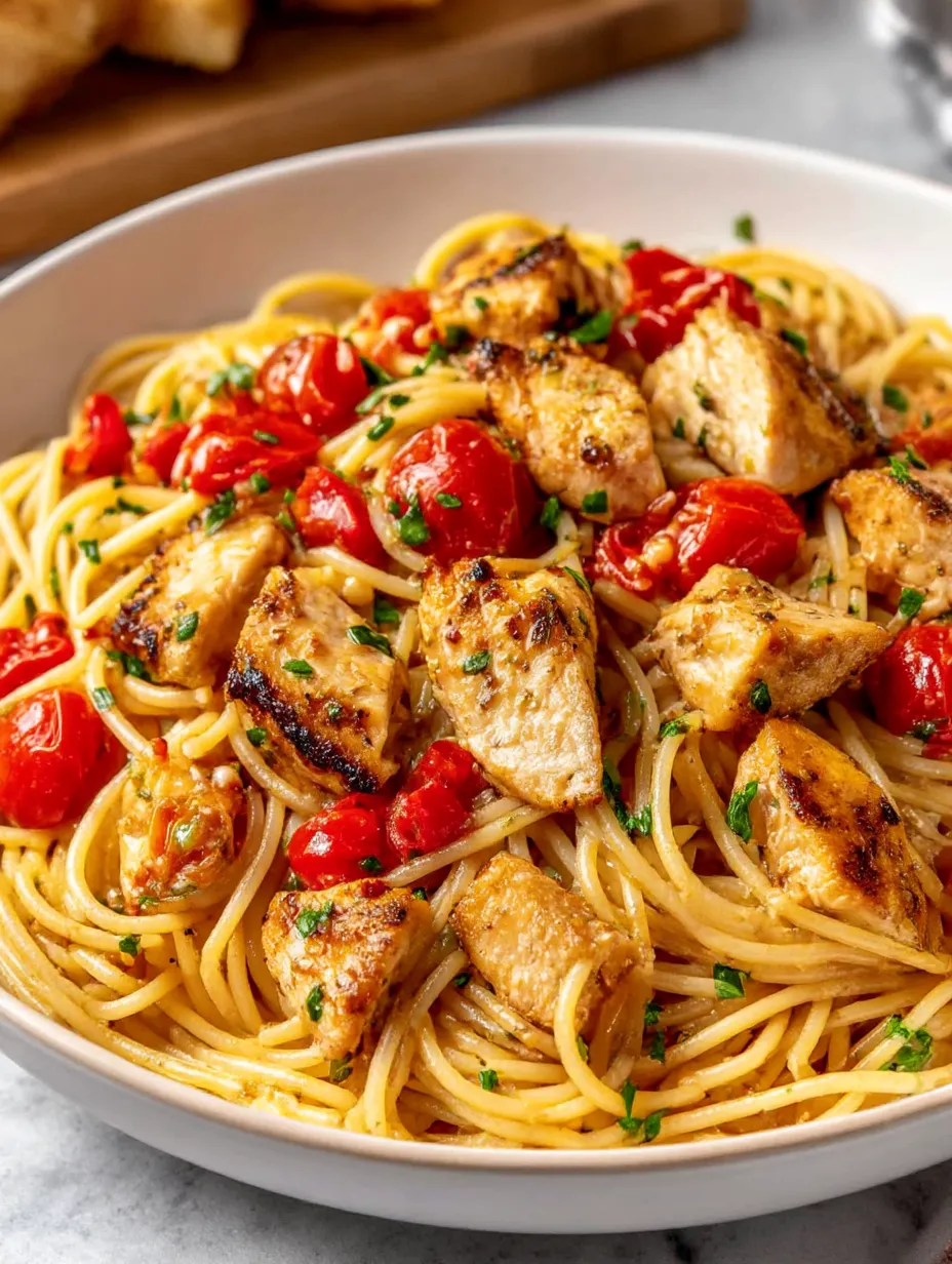 A bowl of pasta with chicken and tomatoes.