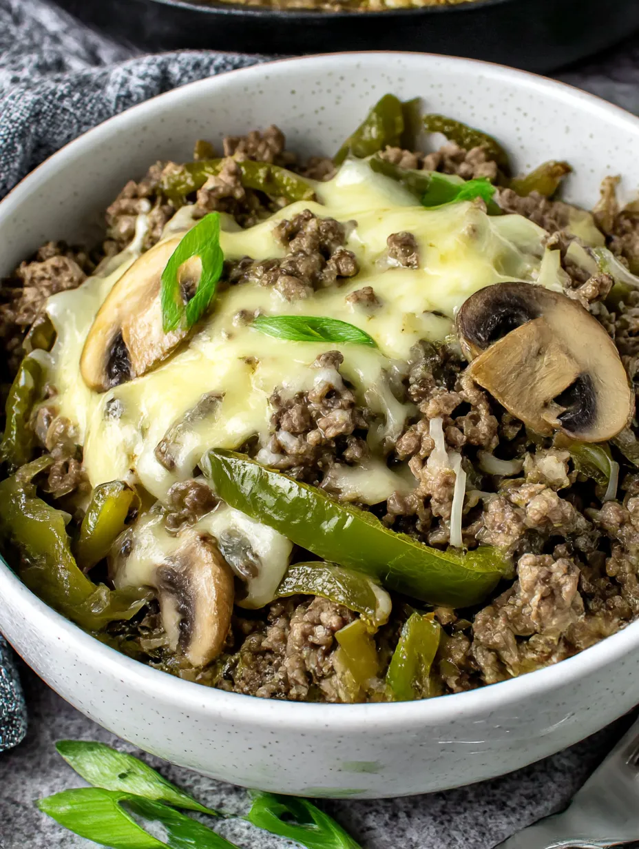 A bowl of food with mushrooms and green beans.