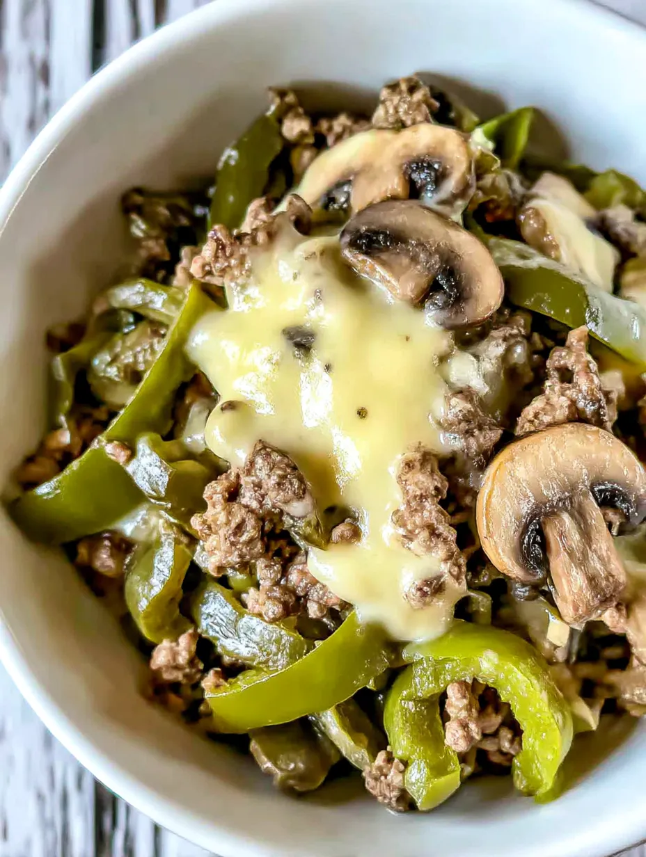 A bowl of food with mushrooms and meat.