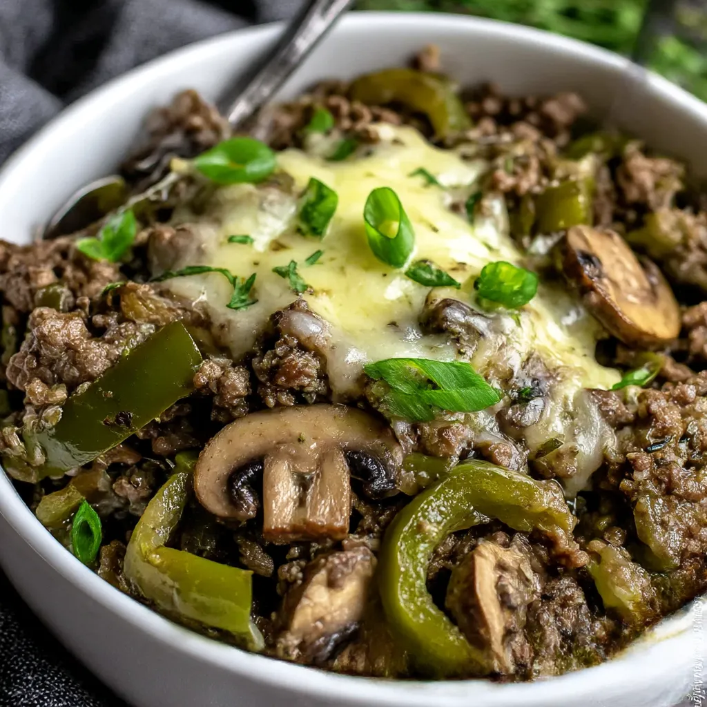A bowl of food with meat and mushrooms.