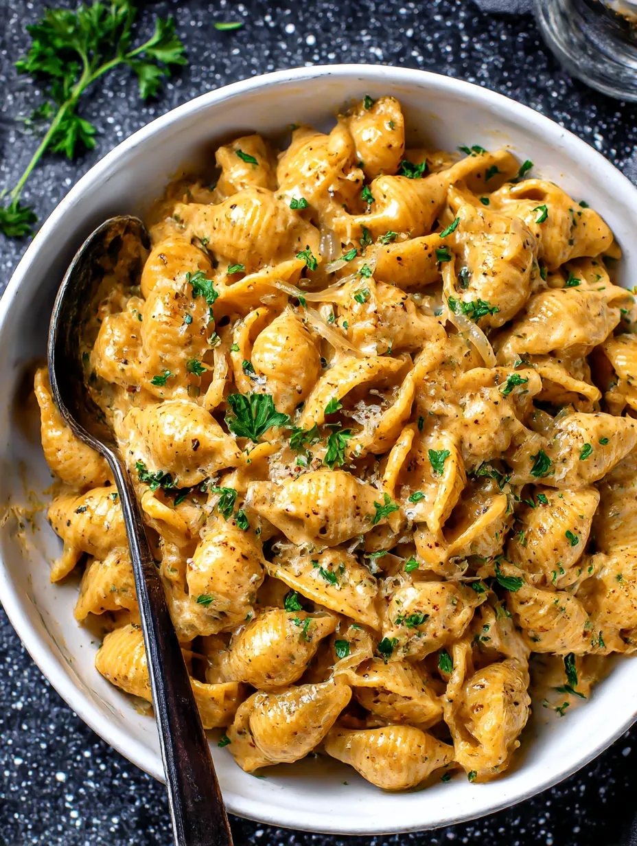 A bowl of pasta with cheese and onions.