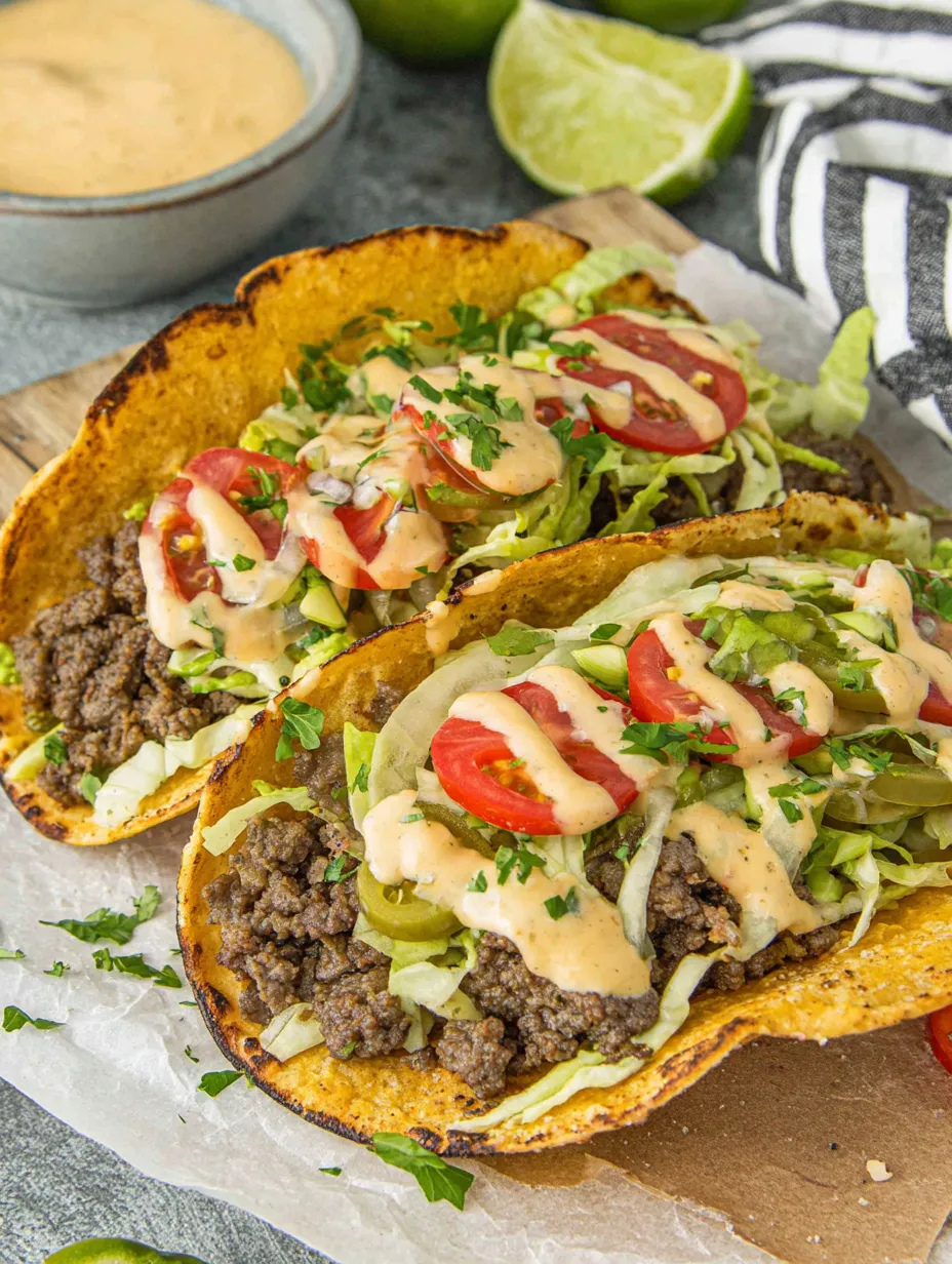 Two tacos with lettuce and tomatoes on a table.