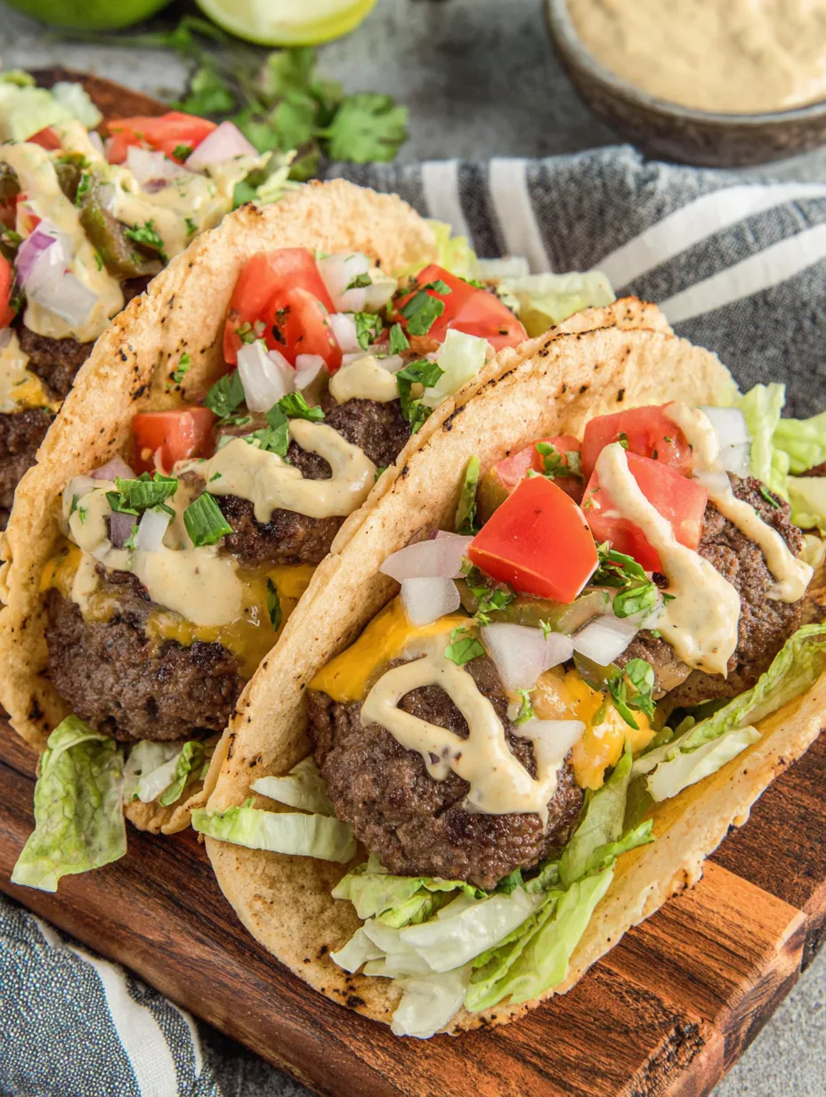 Two tacos with meat and tomatoes on a wooden tray.