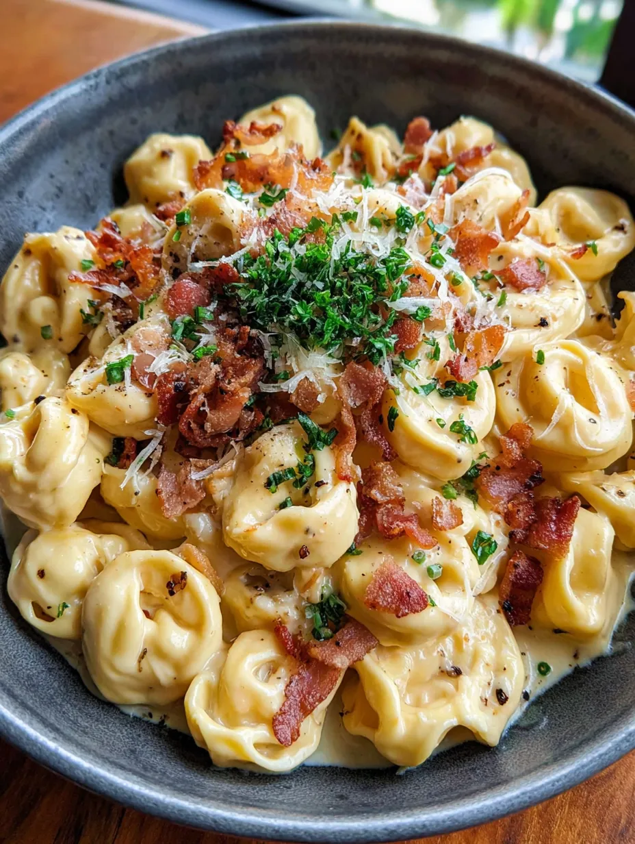 A bowl of pasta with bacon and cheese.