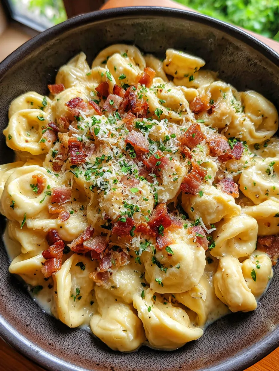 A bowl of pasta with bacon and cheese.