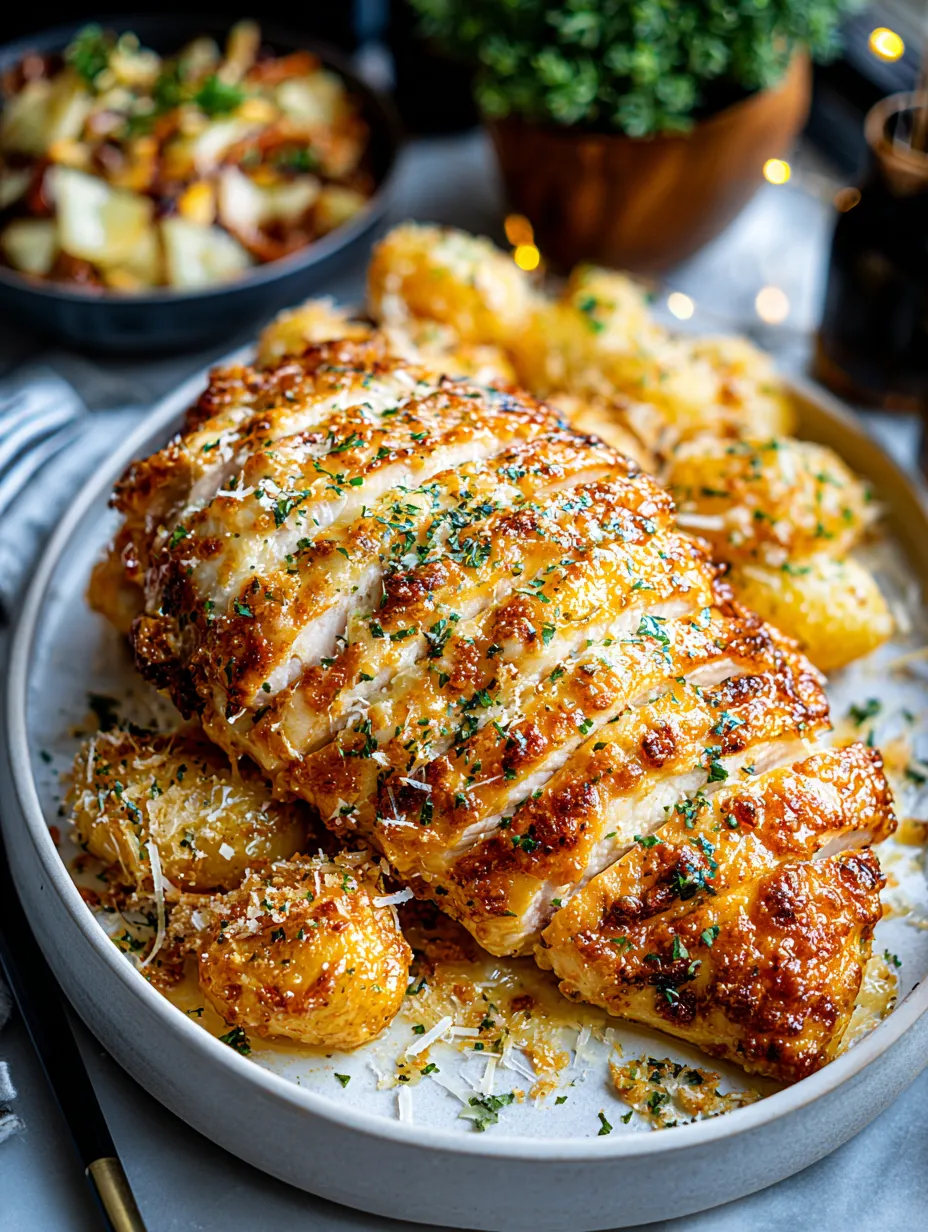 A plate of food with a chicken breast and potatoes.