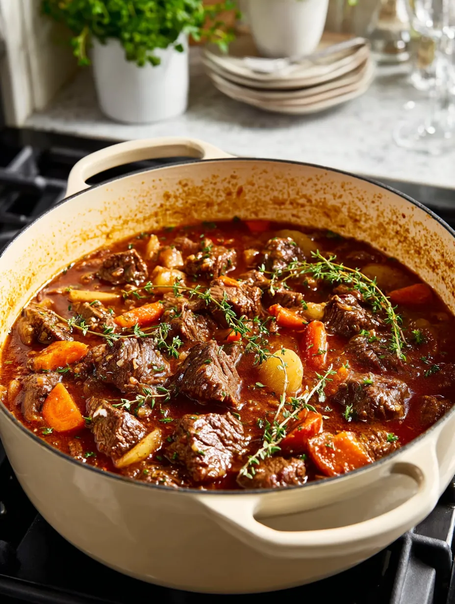 A pot of beef stew with carrots and potatoes.