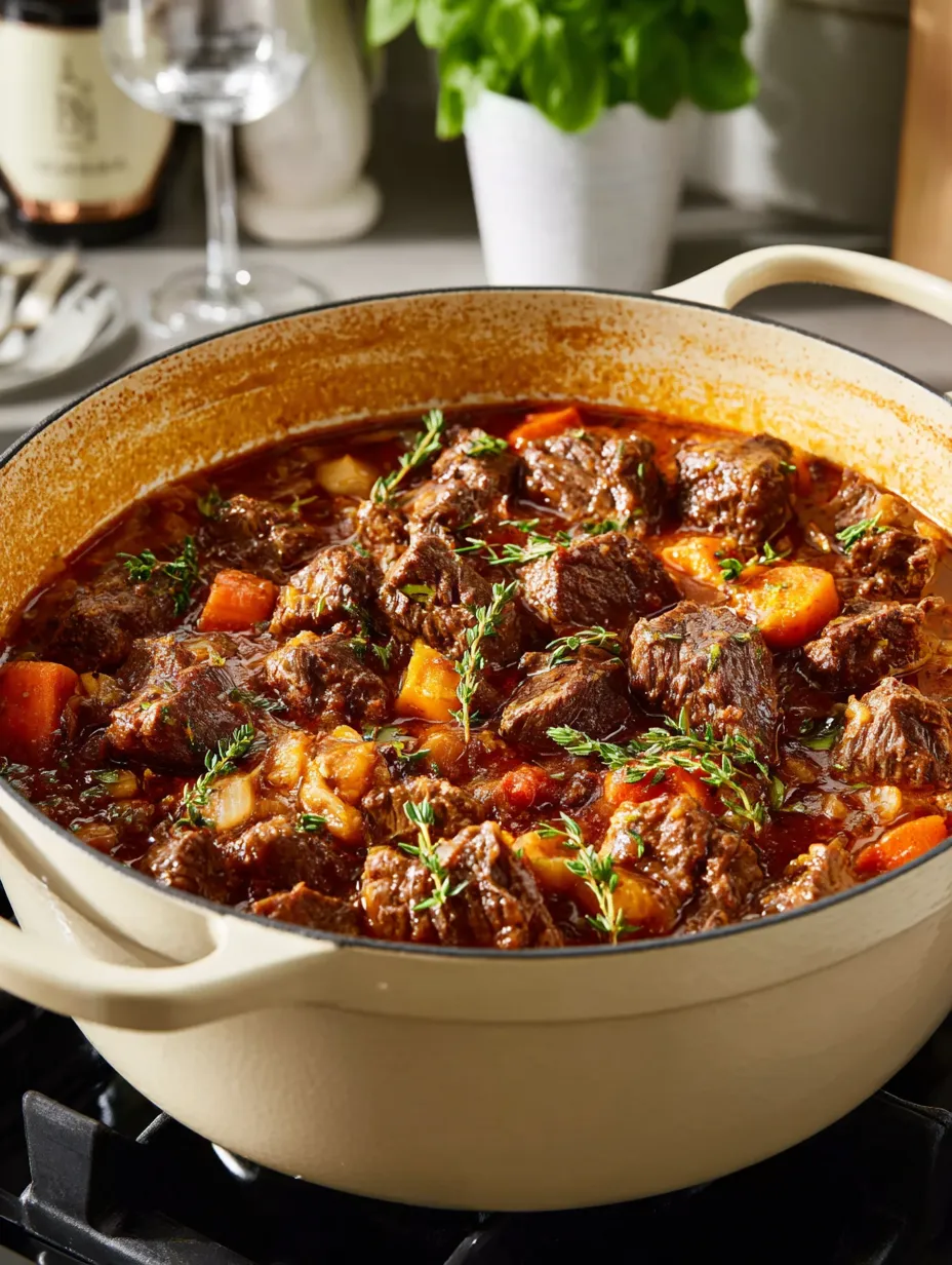 A pot of beef stew with carrots and herbs.