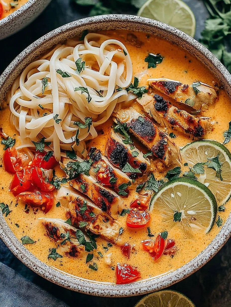 A bowl of food with noodles, chicken, tomatoes, lime, and basil.