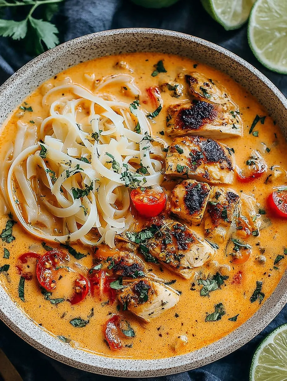 A bowl of soup with chicken and noodles.
