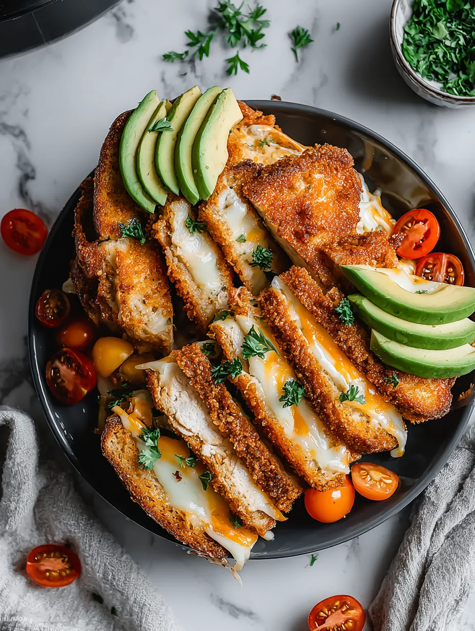 A plate of food with chicken, tomatoes, and avocado.